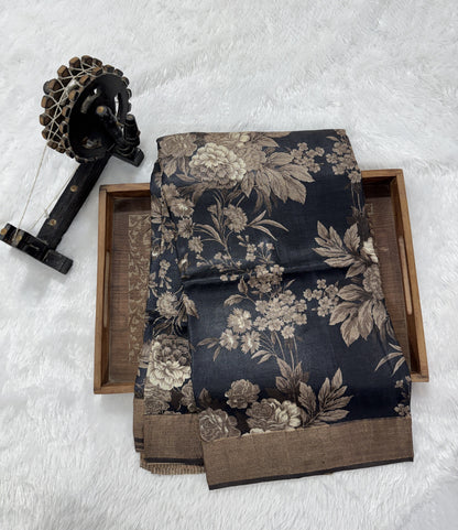Pure Tussar Silk Saree Black Color Complemented with a Zari Border.