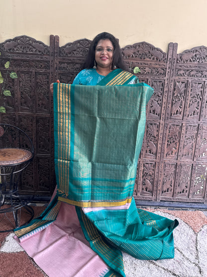 Onion Pink Gadwal Silk Saree with Gold Zari Border — Pure Handloom | Silk Mark Certified
