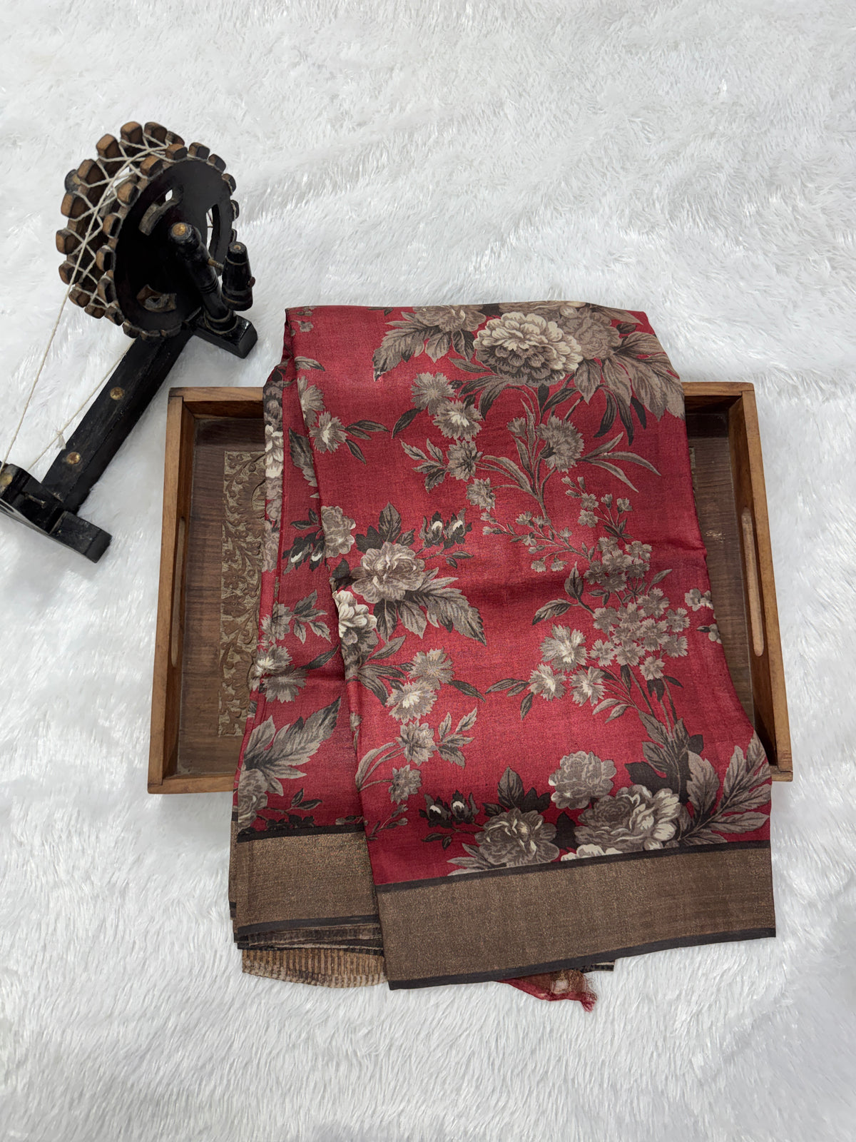 Pure Tussar Silk Saree Crimson Color Complemented with a Zari Border.