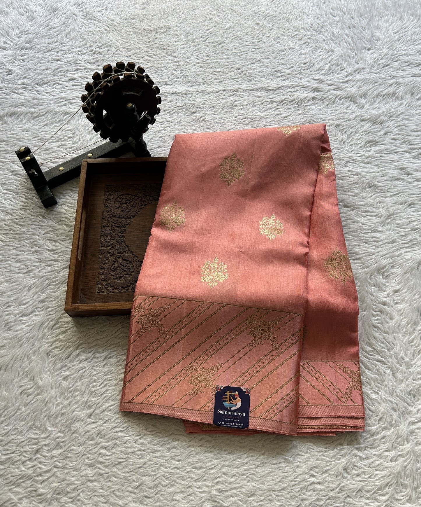 Mona Silk Saree Peach Pink Colored Complemented with a Mushrur Border. - Sampradaya Designer Studio