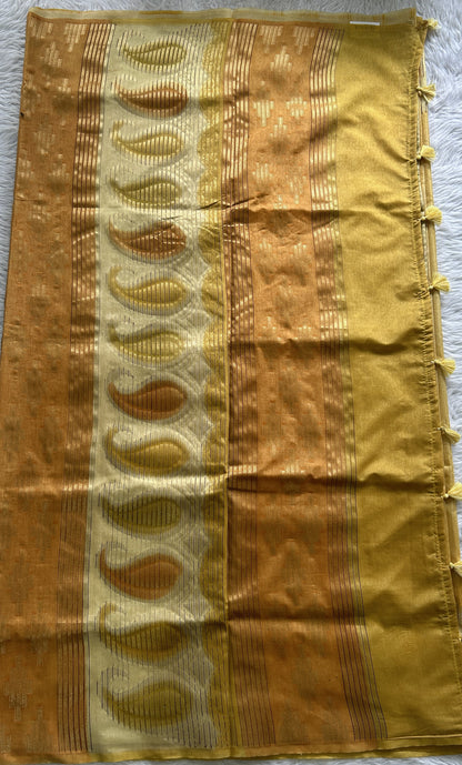 Semi Raw Silk Saree Yellow Colored Complemented with a Zari Border. - Sampradaya Designer Studio