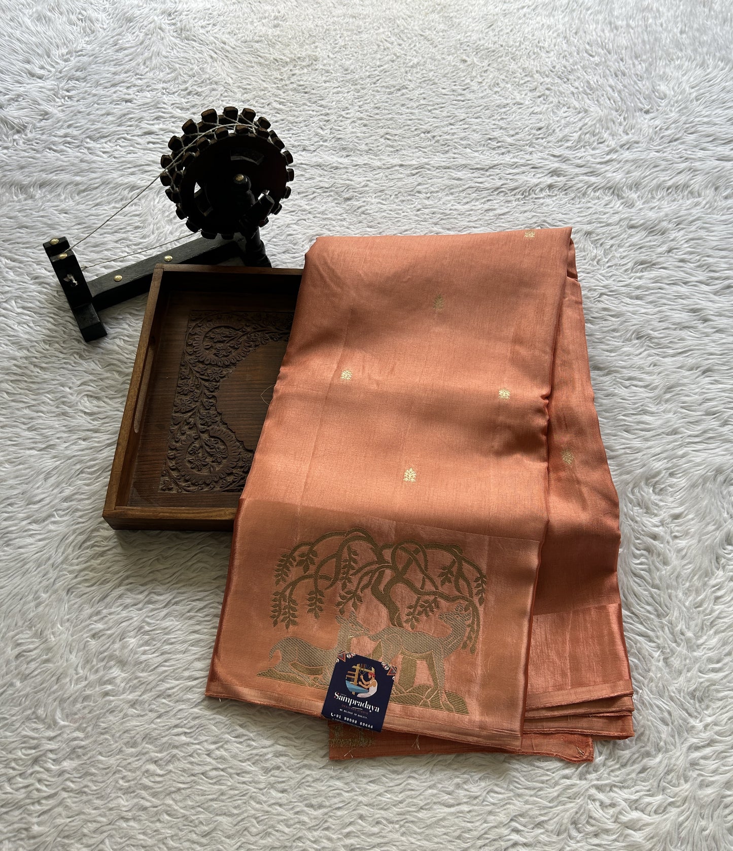 Mona Silk Saree Pale Peach Colored Complemented with a Mushrur Border. - Sampradaya Designer Studio