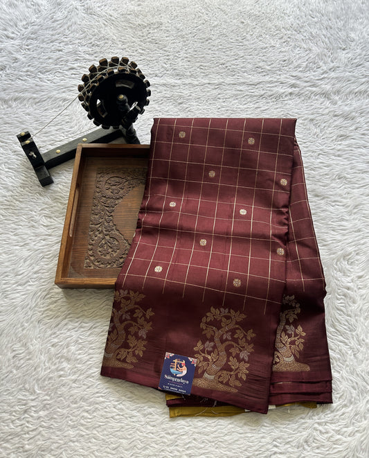 Mona Silk Checks Saree Brown Colored Complemented with a Buti Border. - Sampradaya Designer Studio