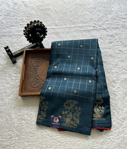 Mona Silk Checks Saree Peacock Blue Colored Complemented with a Buti Border. - Sampradaya Designer Studio