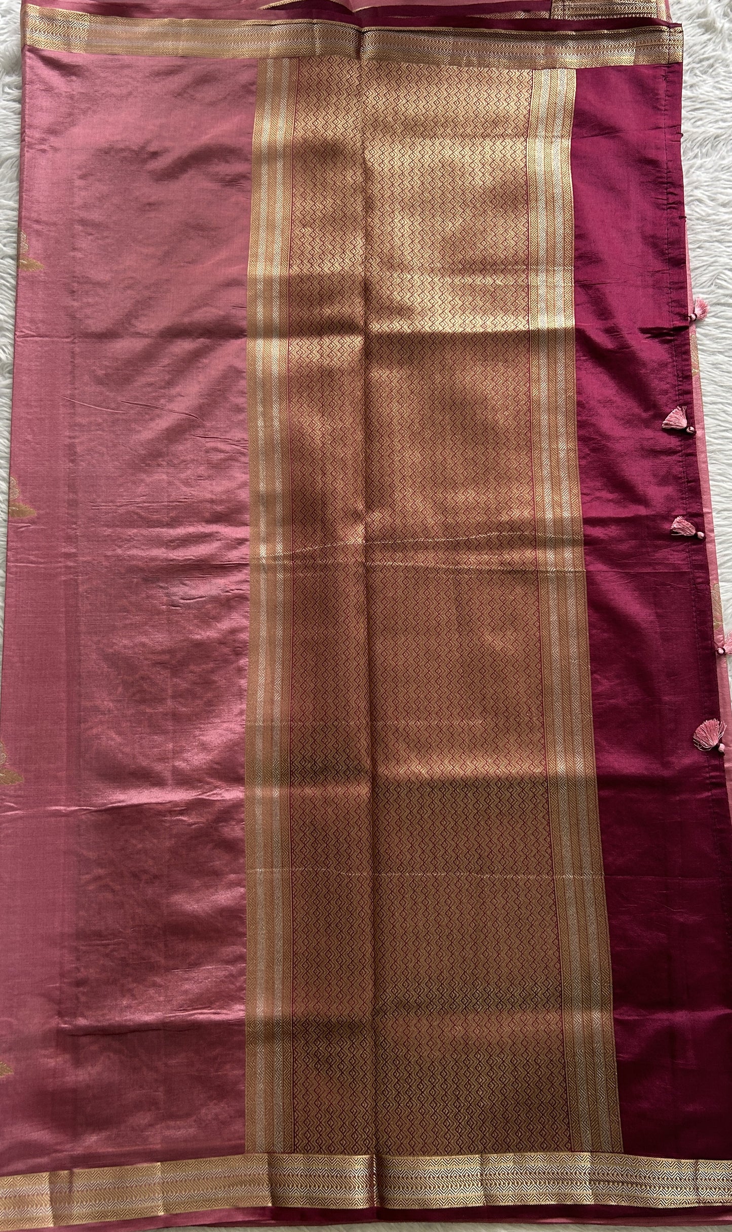 Semi Raw Silk Saree Pink Colored Complemented with a Zari Border. - Sampradaya Designer Studio