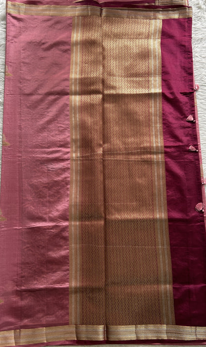 Semi Raw Silk Saree Pink Colored Complemented with a Zari Border. - Sampradaya Designer Studio