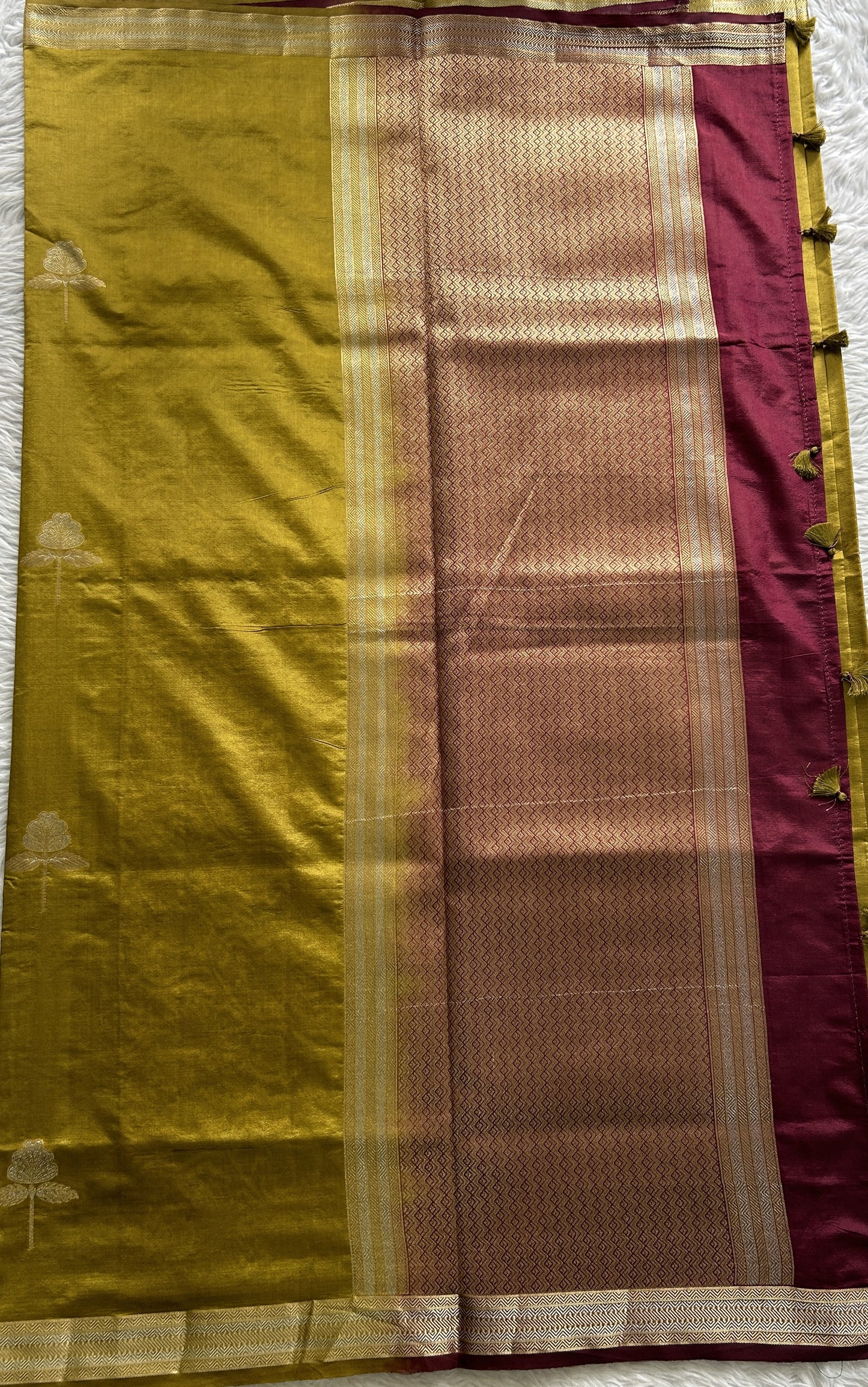 Semi Raw Silk Saree Olive Green Colored Complemented with a Zari Border. - Sampradaya Designer Studio