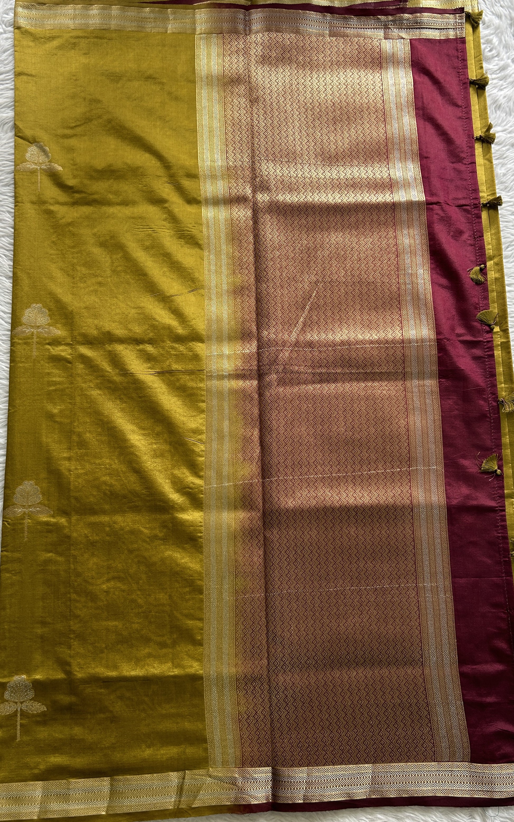 Semi Raw Silk Saree Olive Green Colored Complemented with a Zari Border. - Sampradaya Designer Studio