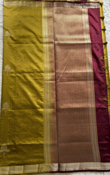 Semi Raw Silk Saree Olive Green Colored Complemented with a Zari Border. - Sampradaya Designer Studio
