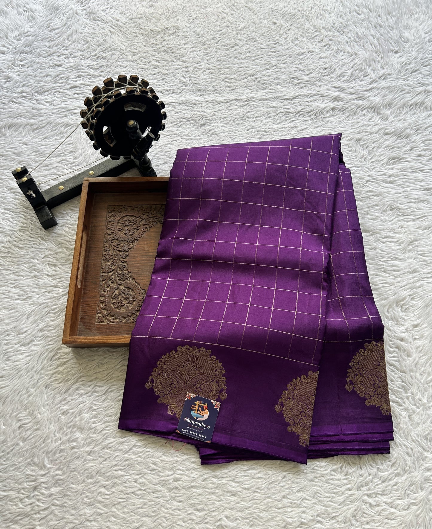 Mona Silk Checks Saree Dark Violet Colored Complemented with a Buti Border. - Sampradaya Designer Studio