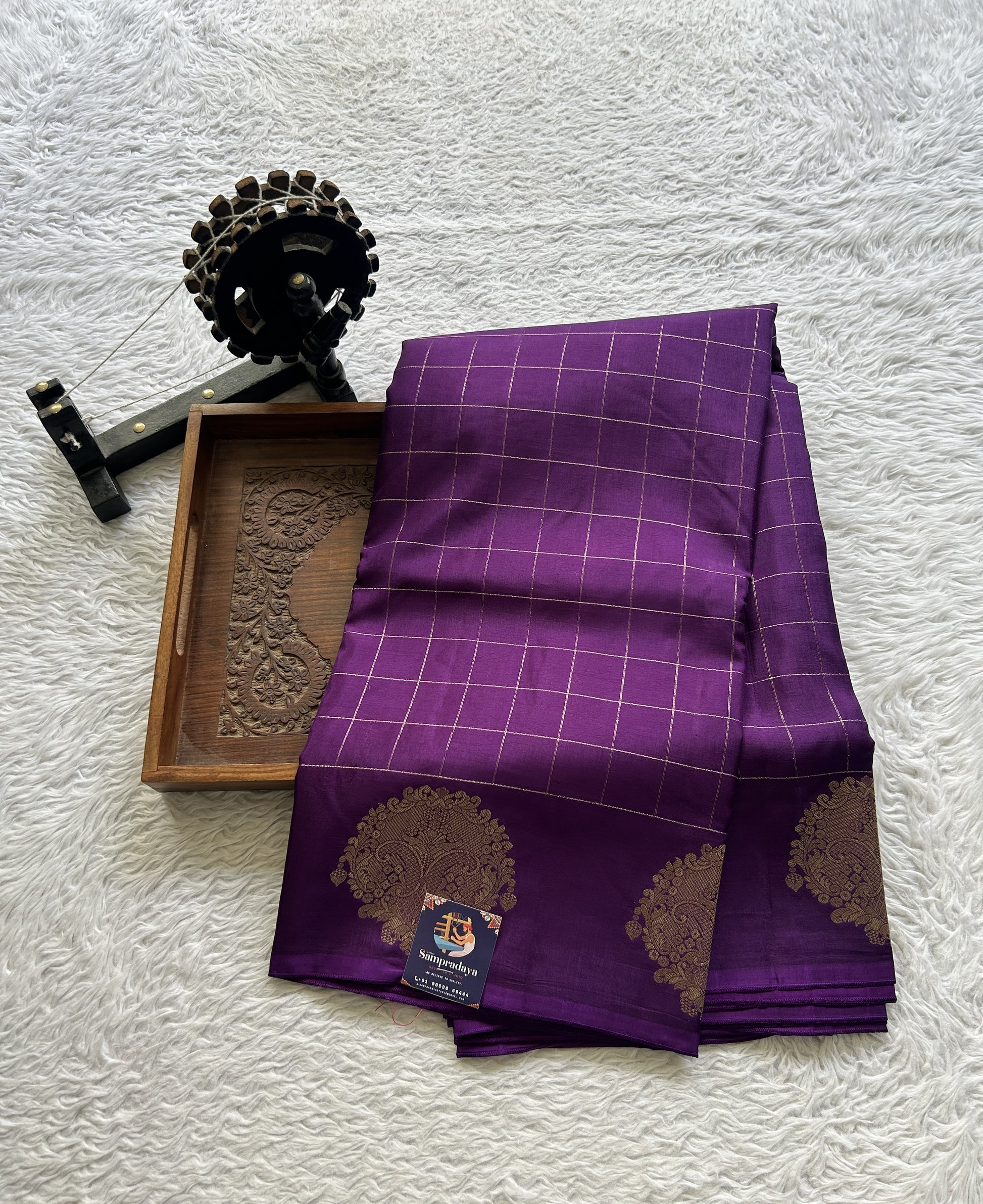 Mona Silk Checks Saree Dark Violet Colored Complemented with a Buti Border. - Sampradaya Designer Studio