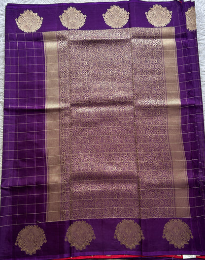 Mona Silk Checks Saree Dark Violet Colored Complemented with a Buti Border. - Sampradaya Designer Studio