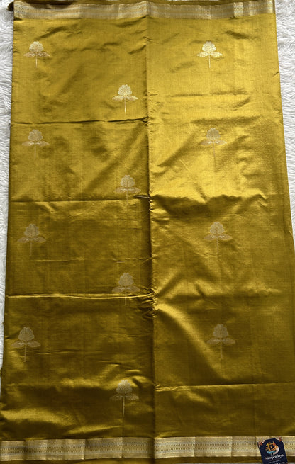 Semi Raw Silk Saree Olive Green Colored Complemented with a Zari Border. - Sampradaya Designer Studio