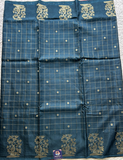 Mona Silk Checks Saree Peacock Blue Colored Complemented with a Buti Border. - Sampradaya Designer Studio