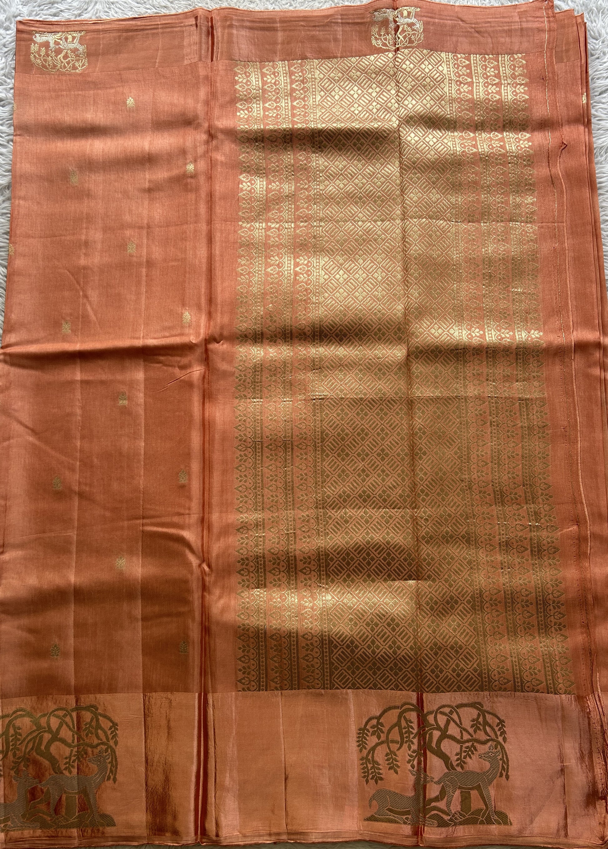 Mona Silk Saree Pale Peach Colored Complemented with a Mushrur Border. - Sampradaya Designer Studio