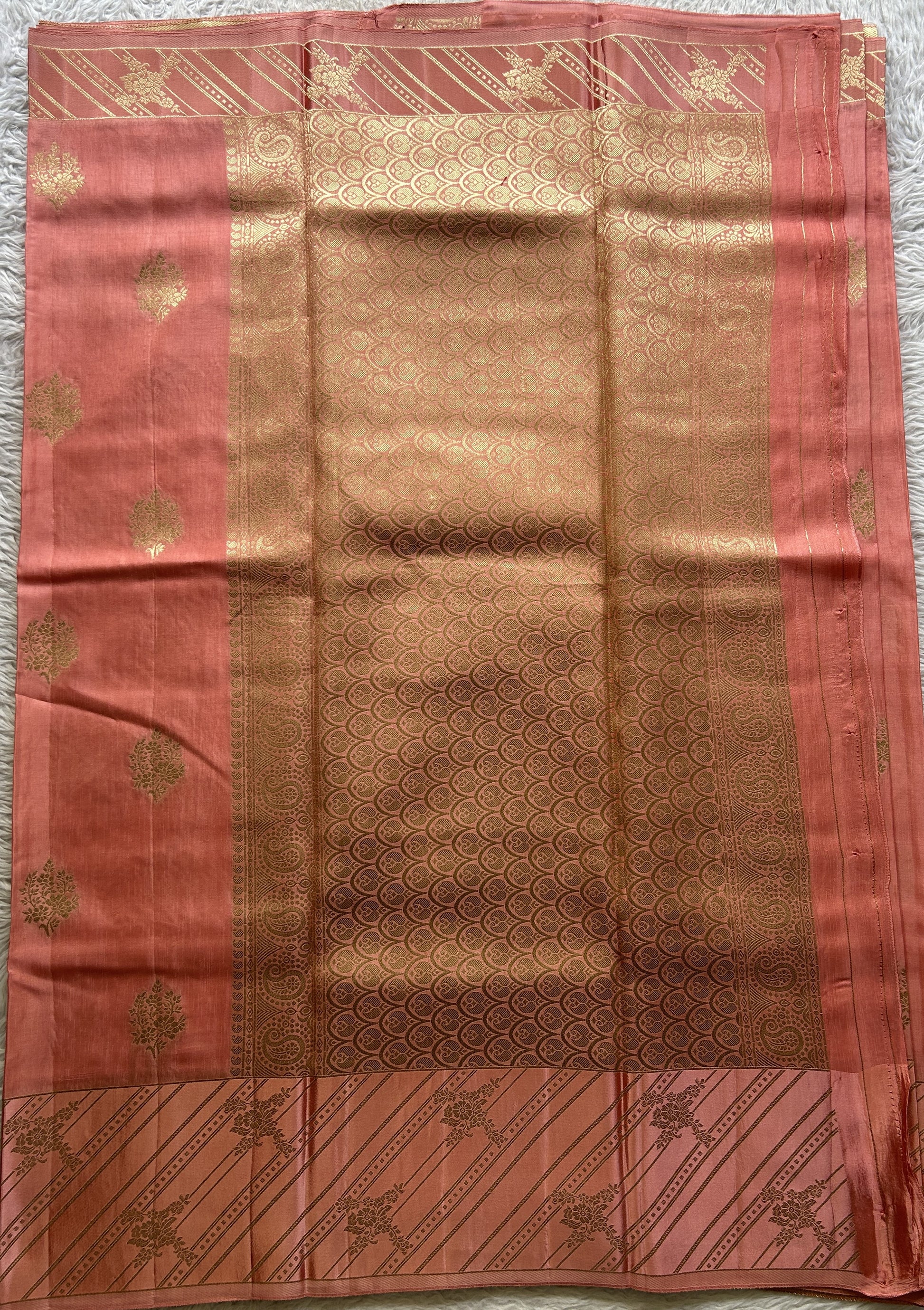 Mona Silk Saree Peach Pink Colored Complemented with a Mushrur Border. - Sampradaya Designer Studio