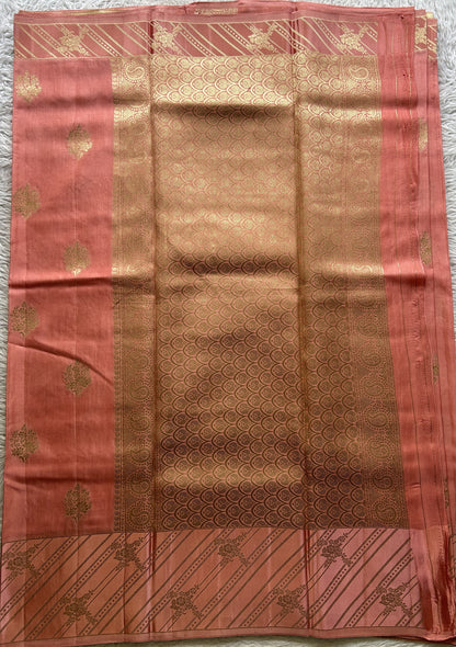 Mona Silk Saree Peach Pink Colored Complemented with a Mushrur Border. - Sampradaya Designer Studio