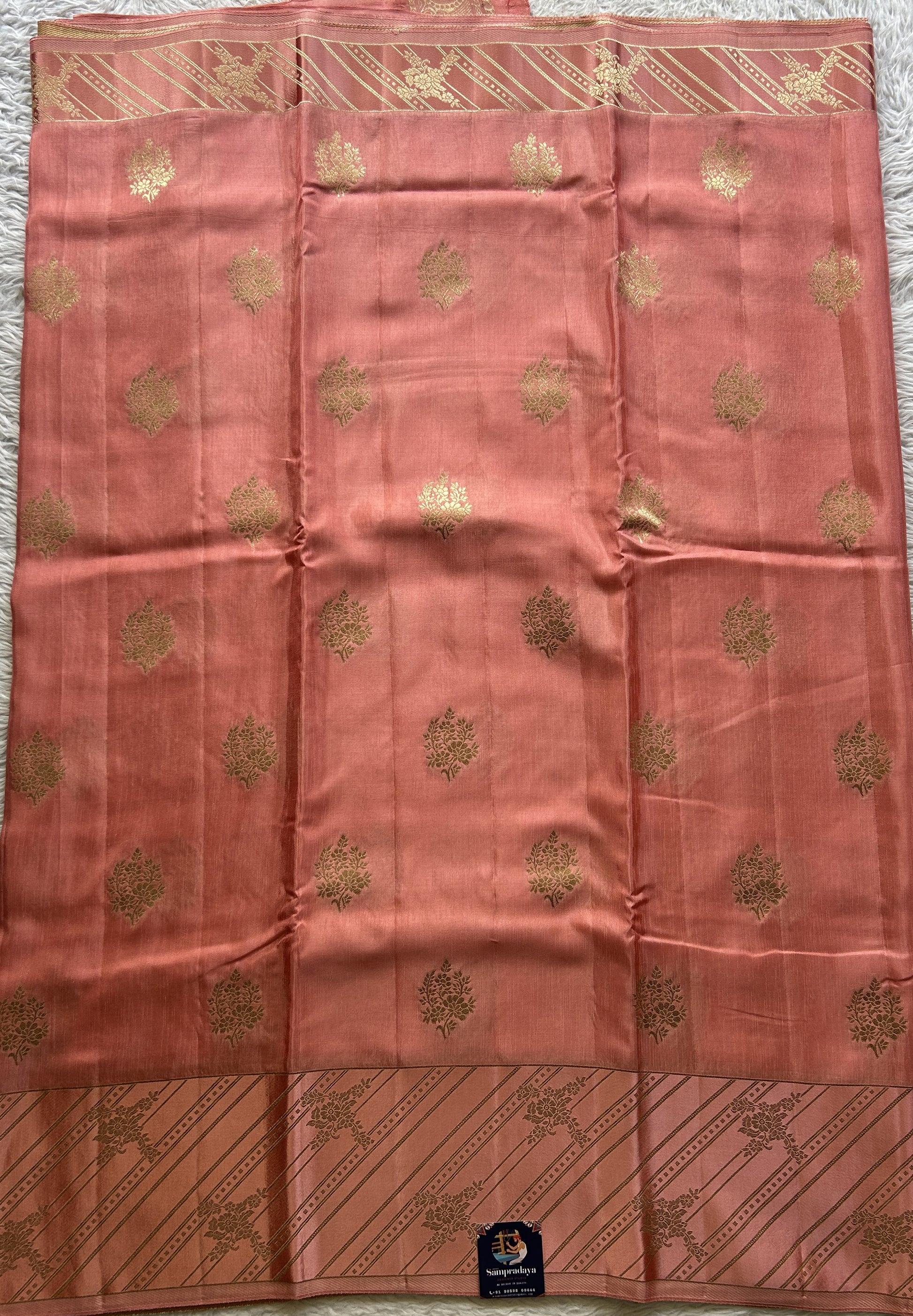 Mona Silk Saree Peach Pink Colored Complemented with a Mushrur Border. - Sampradaya Designer Studio
