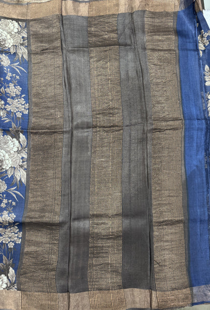 Pure Tussar Silk Saree Navy Blue Color Complemented with a Zari Border.