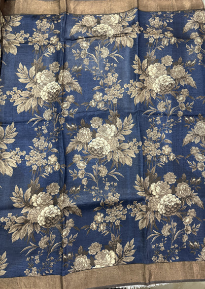 Pure Tussar Silk Saree Navy Blue Color Complemented with a Zari Border.