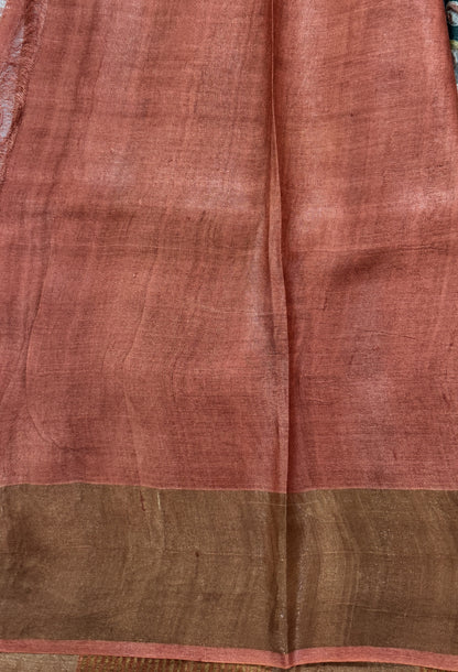Pure Tussar Silk Saree Teal Green Color Complemented with a Zari Border.