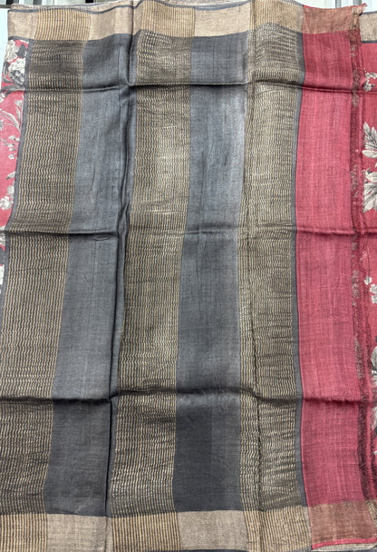 Pure Tussar Silk Saree Crimson Color Complemented with a Zari Border.