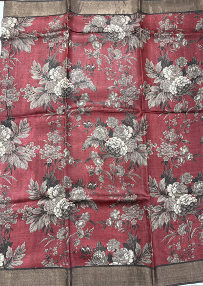 Pure Tussar Silk Saree Crimson Color Complemented with a Zari Border.