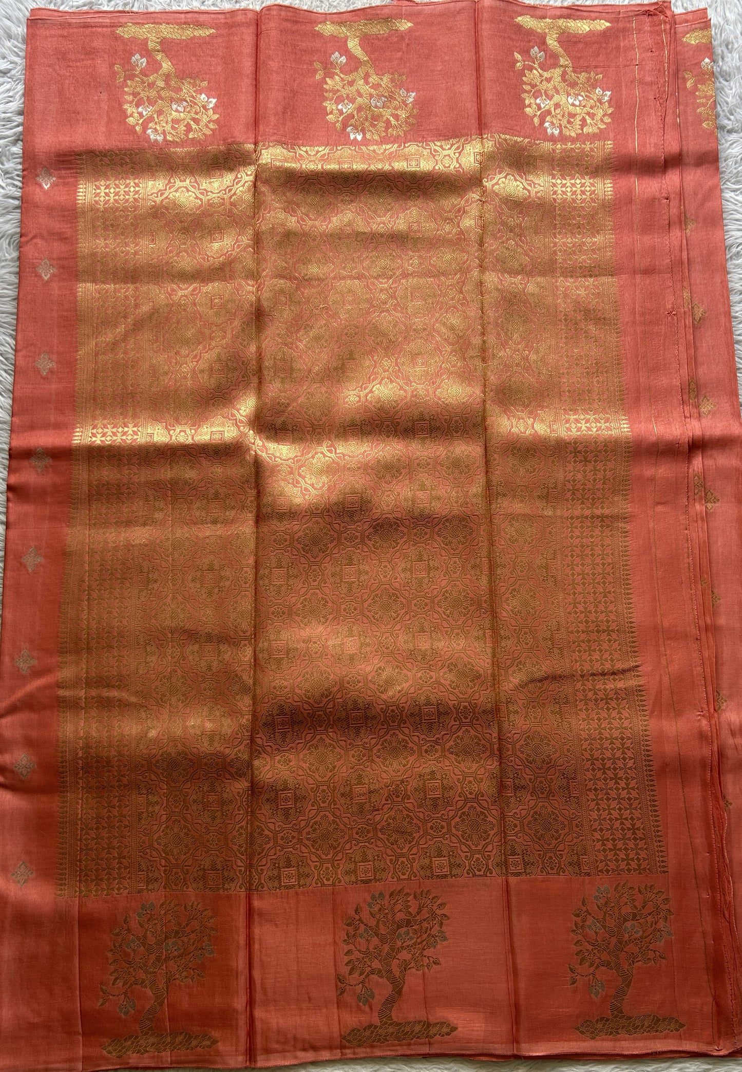 Mona Silk Saree Peach Colored Complemented with a Mushrur Border. - Sampradaya Designer Studio