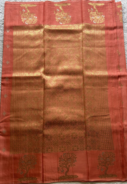 Mona Silk Saree Peach Colored Complemented with a Mushrur Border. - Sampradaya Designer Studio