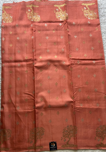 Mona Silk Saree Peach Colored Complemented with a Mushrur Border. - Sampradaya Designer Studio