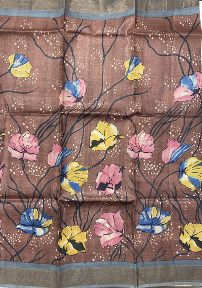 Pure Tussar Silk Saree Brown Color Complemented with a Zari Border.