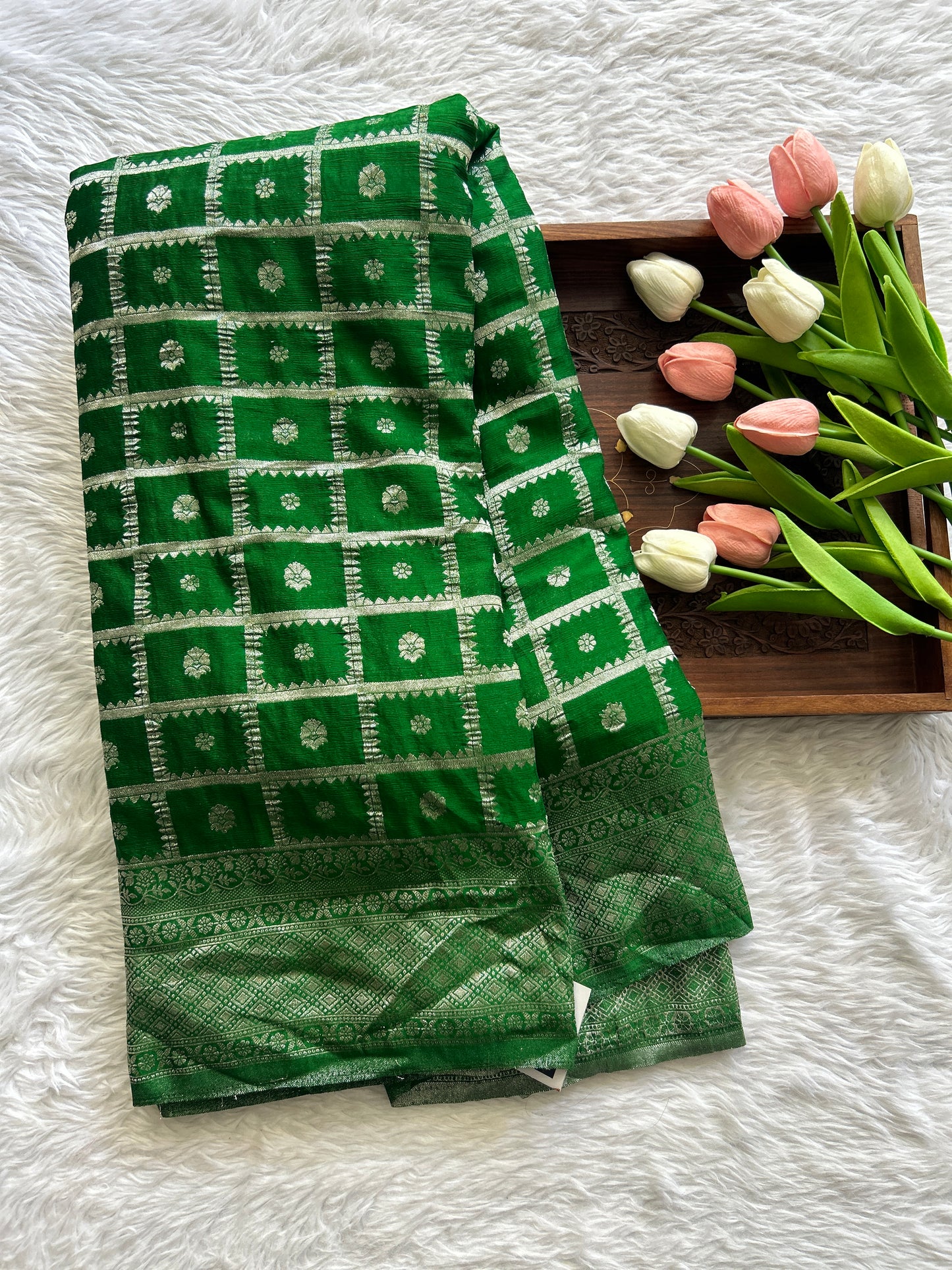 Semi Georgette Saree Green Colored Complemented with a Zari Border. - Sampradaya Designer Studio