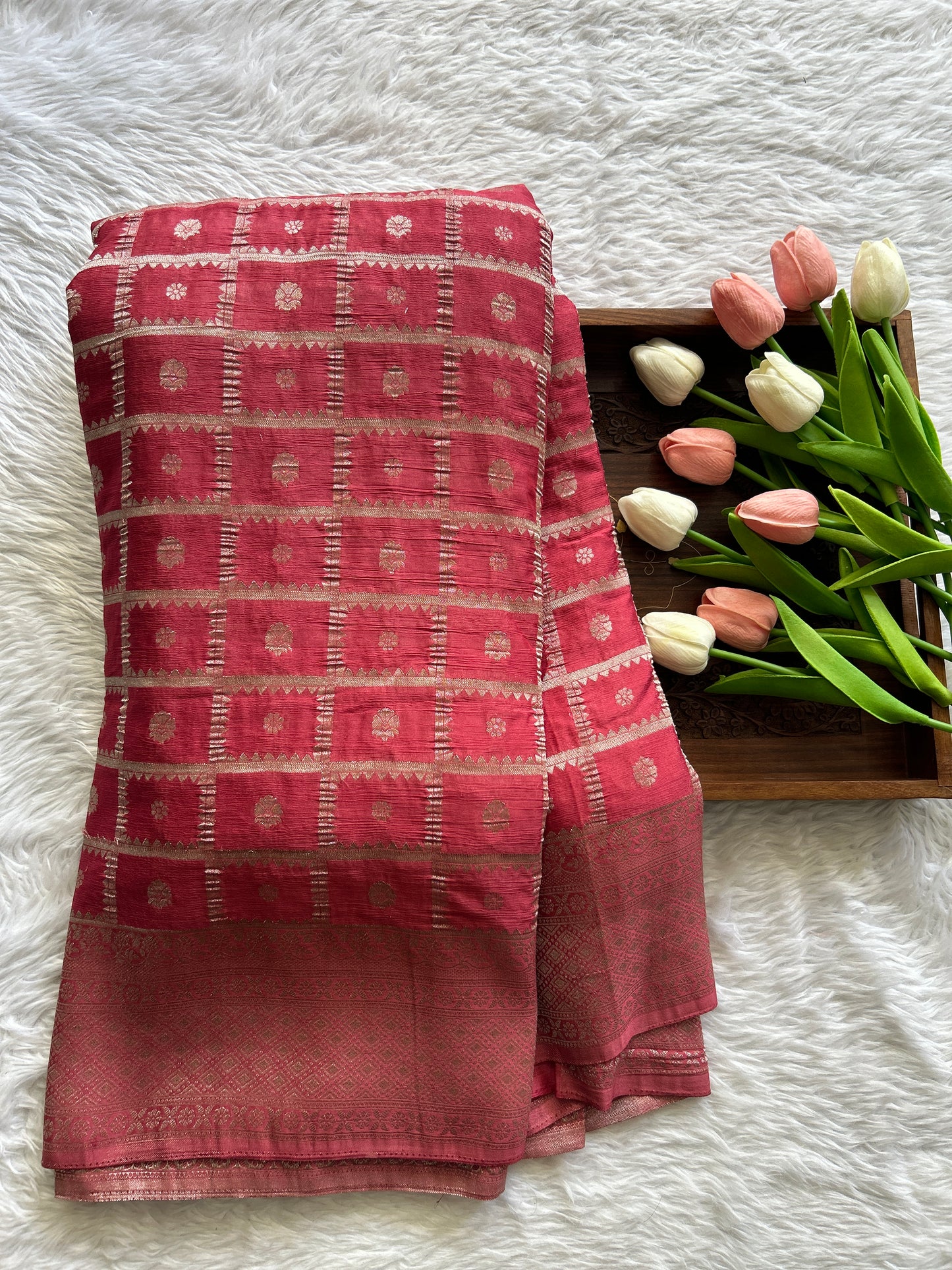Semi Georgette Saree Hot Pink Colored Complemented with a Zari Border. - Sampradaya Designer Studio