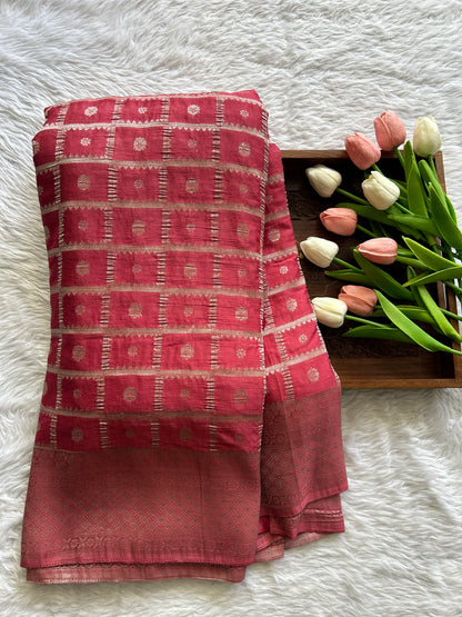 Semi Georgette Saree Hot Pink Colored Complemented with a Zari Border. - Sampradaya Designer Studio