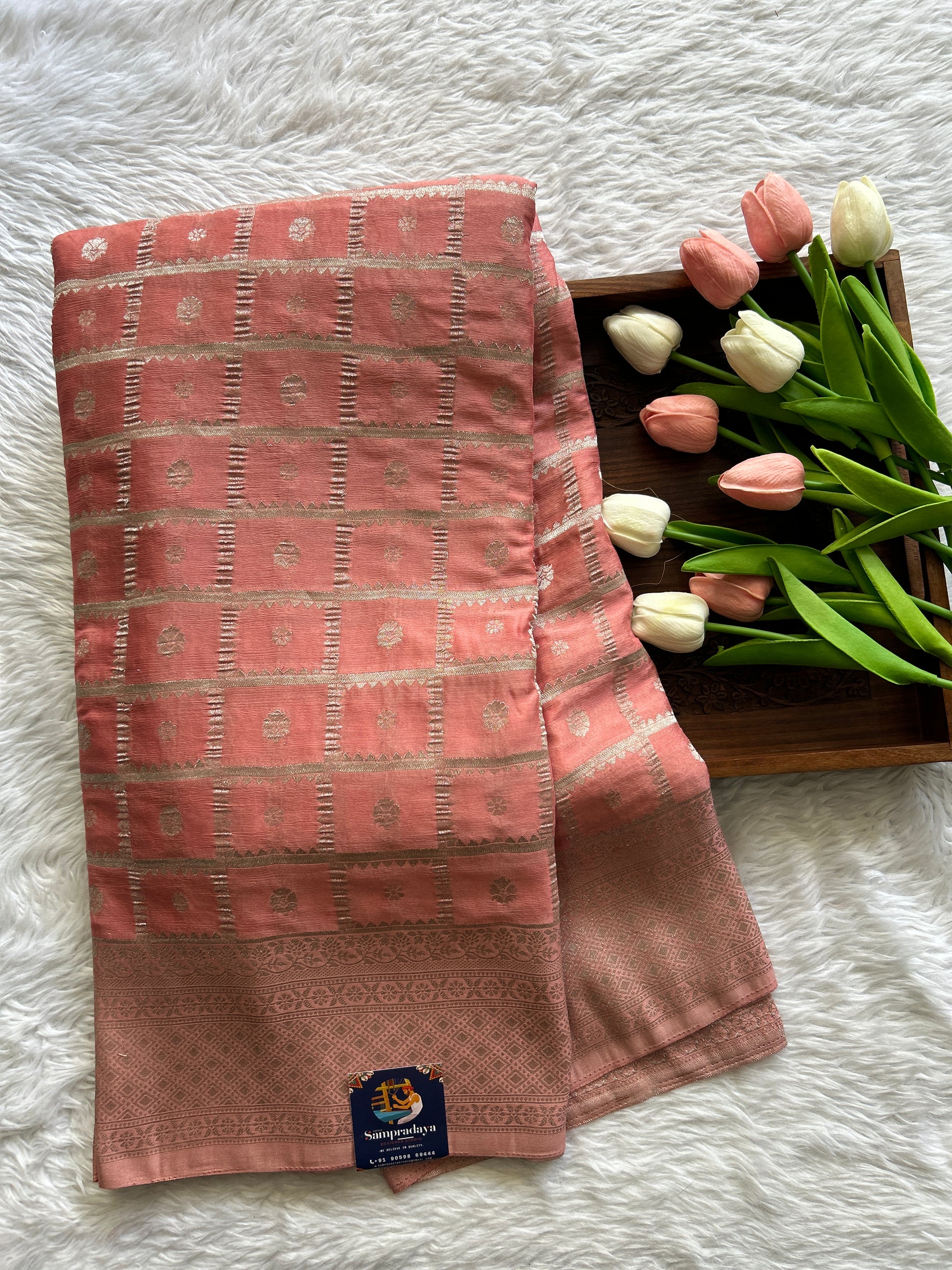 Semi Georgette Saree Baby Pink Colored Complemented with a Zari Border. - Sampradaya Designer Studio