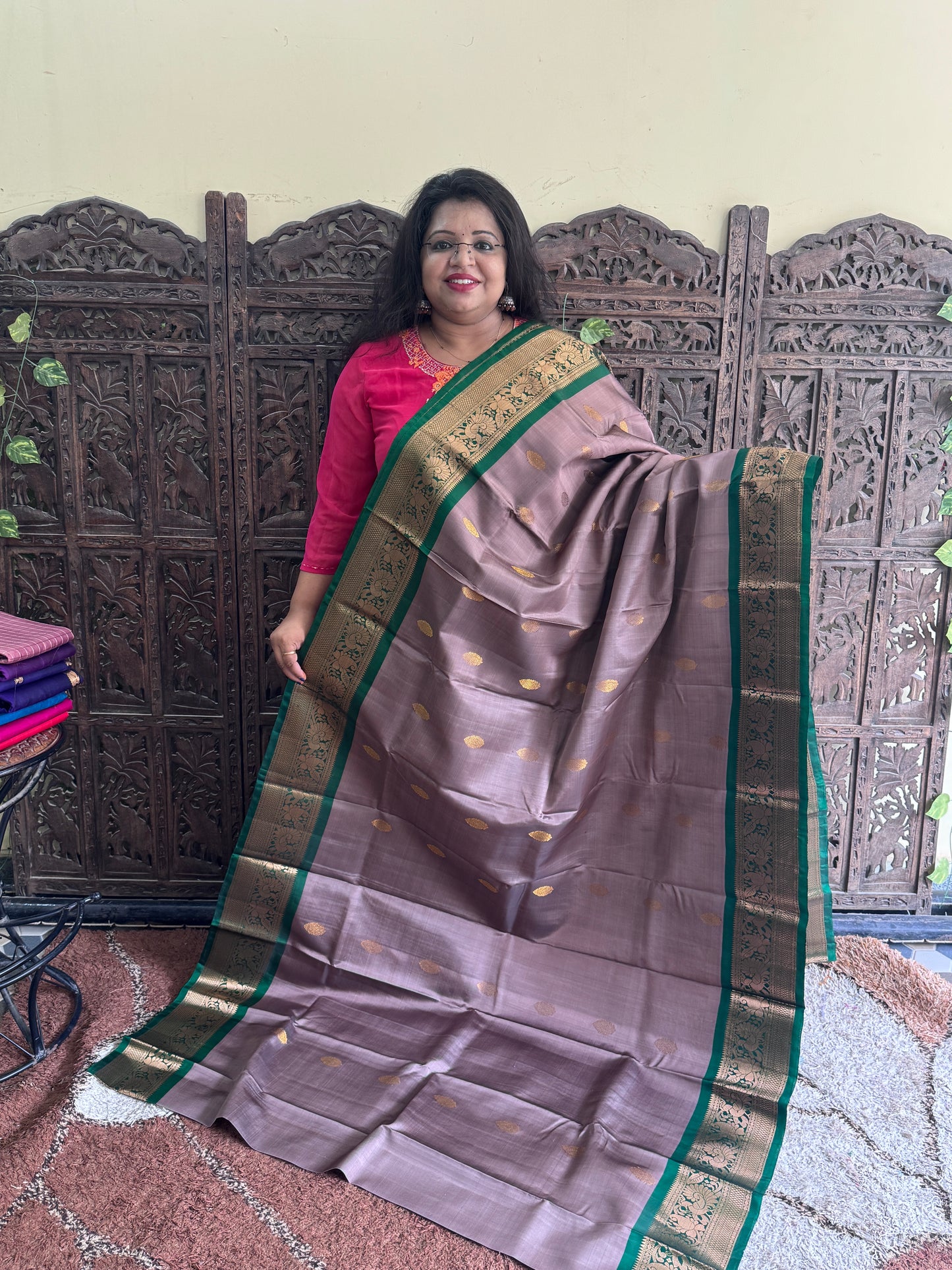 Pure Kanjivaram Silk Saree | Light Brown With Gold Zari Border | Handloom | Silk Mark Certified