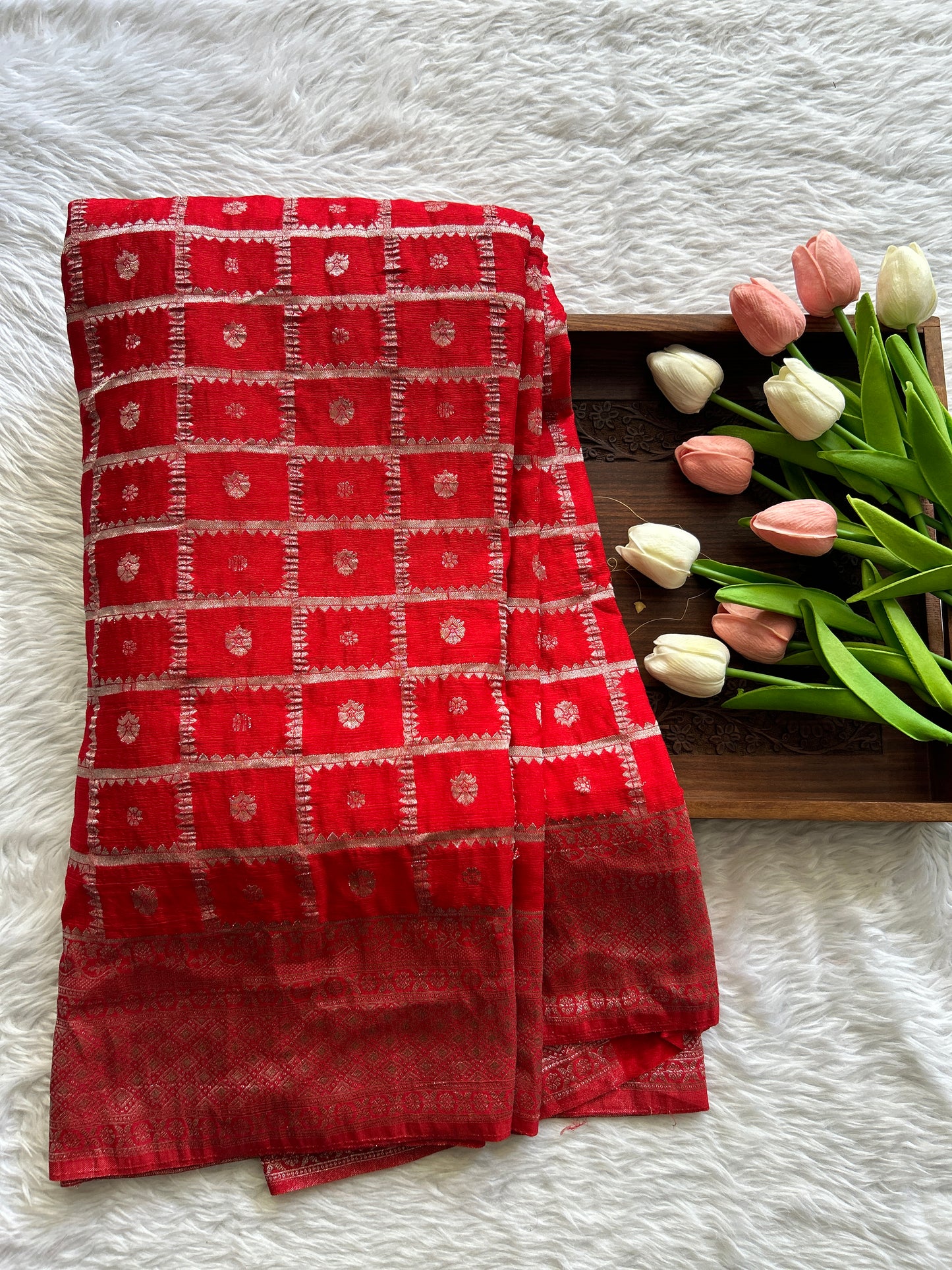 Semi Georgette Saree Red Colored Complemented with a Zari Border. - Sampradaya Designer Studio