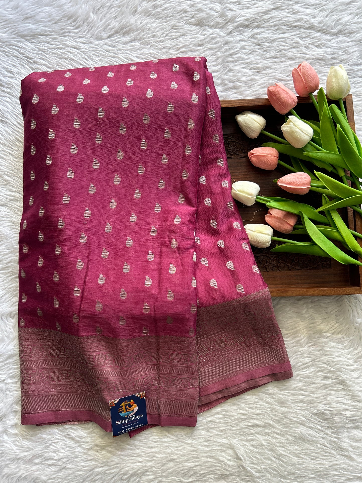 Semi Georgette Saree Dark Pink Colored Complemented with a Zari Border. - Sampradaya Designer Studio
