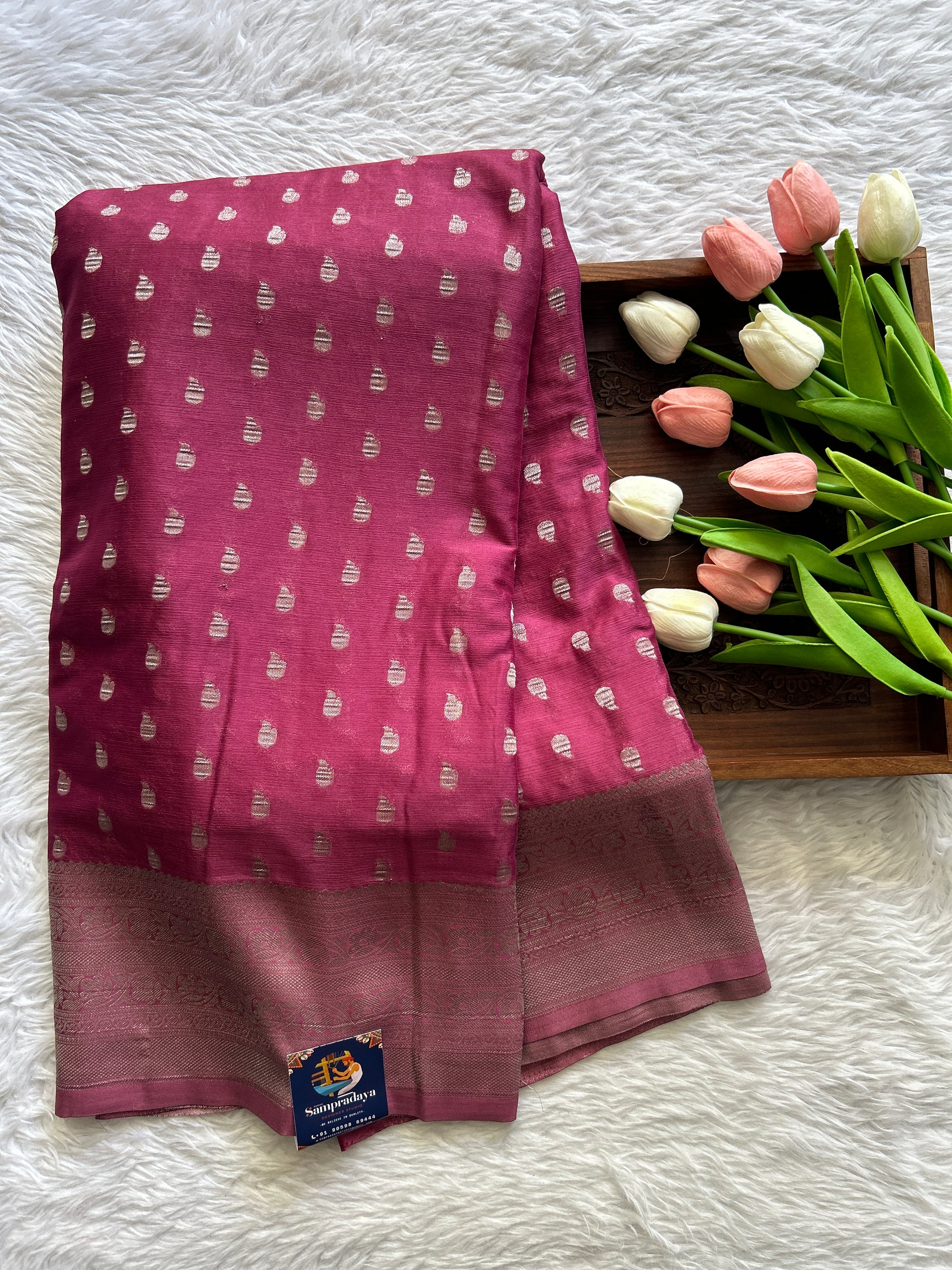 Semi Georgette Saree Dark Pink Colored Complemented with a Zari Border. - Sampradaya Designer Studio