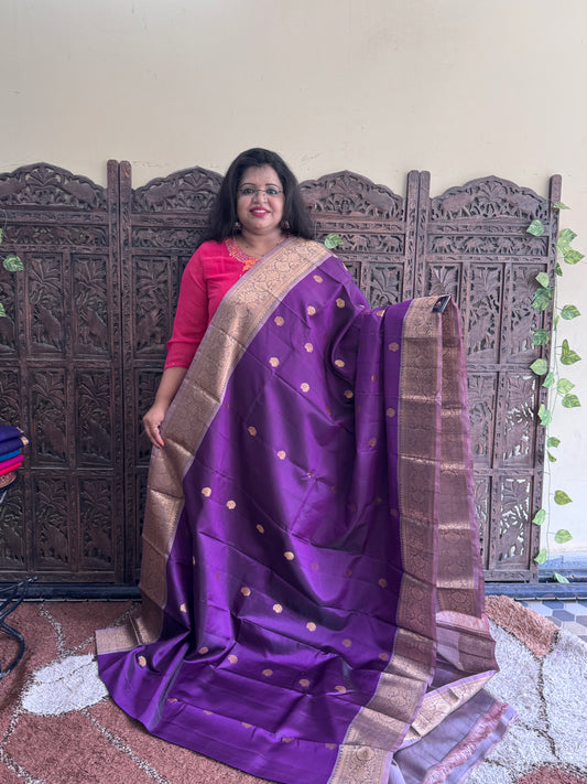 Pure Kanjivaram Silk Saree | violet With Gold Zari Border | Handloom | Silk Mark Certified
