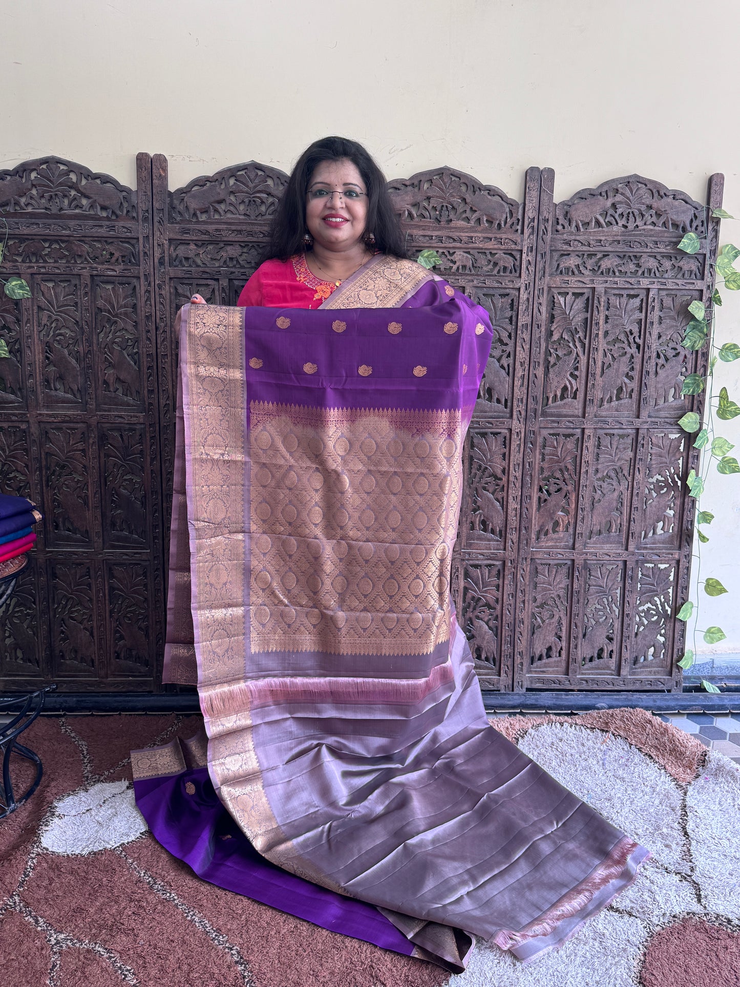 Pure Kanjivaram Silk Saree | violet With Gold Zari Border | Handloom | Silk Mark Certified