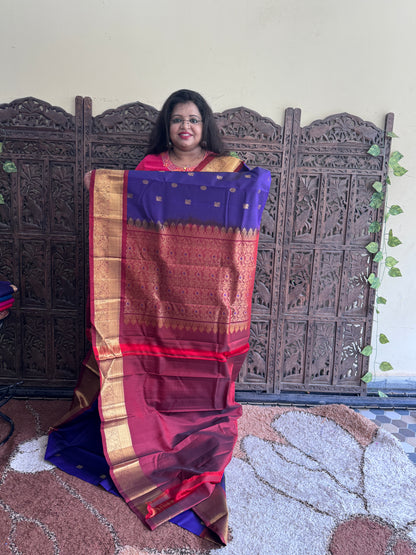 Pure Kanjivaram Silk Saree | Purple With Gold Zari Border | Handloom | Silk Mark Certified