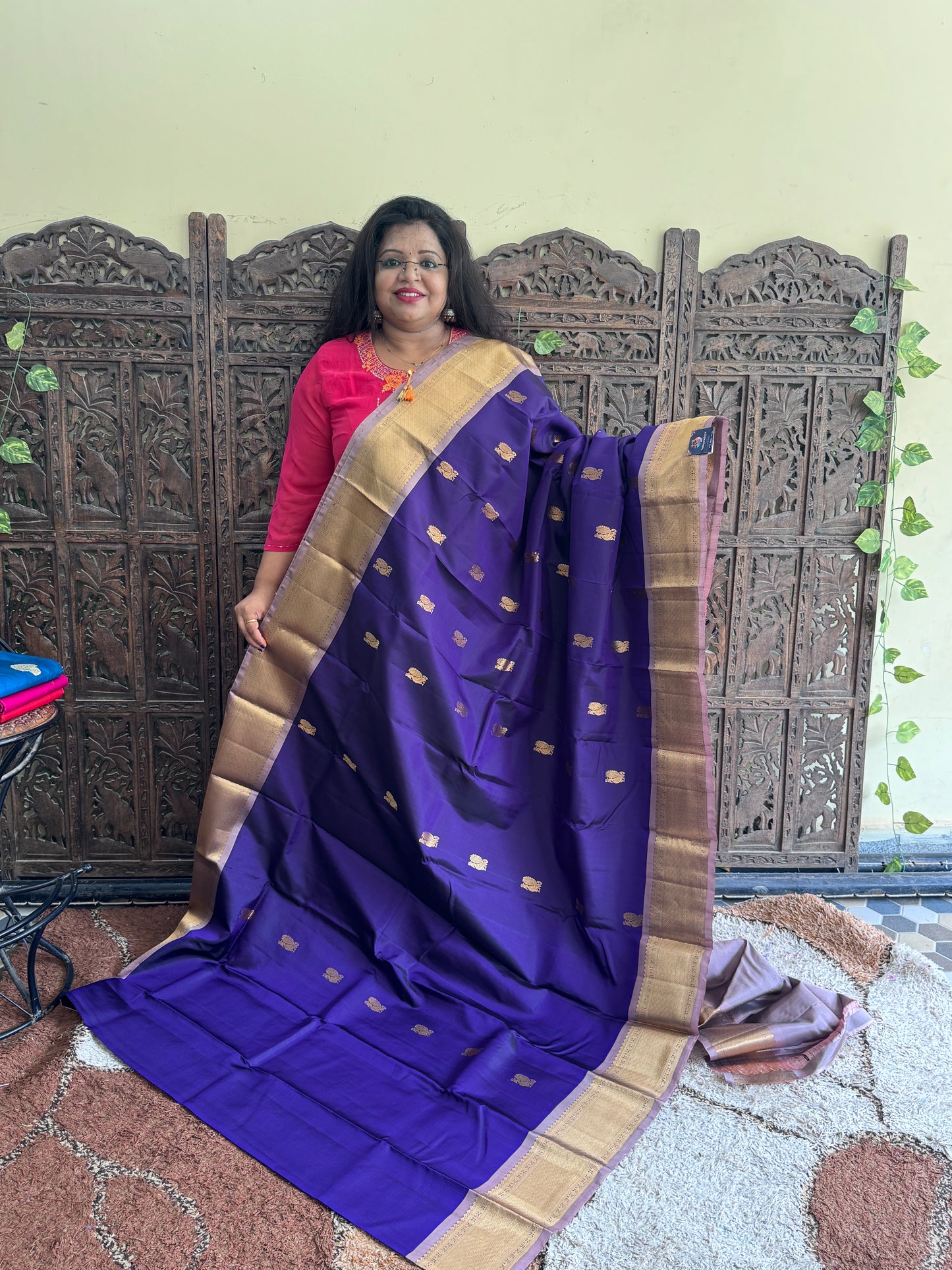 Pure Kanjivaram Silk Saree | Purple With Gold Zari Border | Handloom | Silk Mark Certified