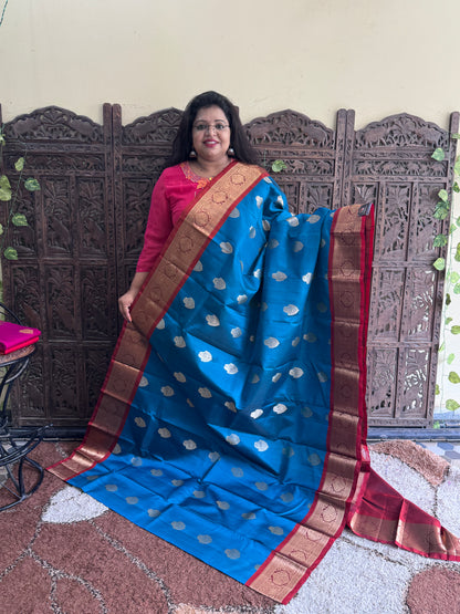 Pure Kanjivaram Silk Saree | Peacock Blue With Gold Zari Border | Handloom | Silk Mark Certified