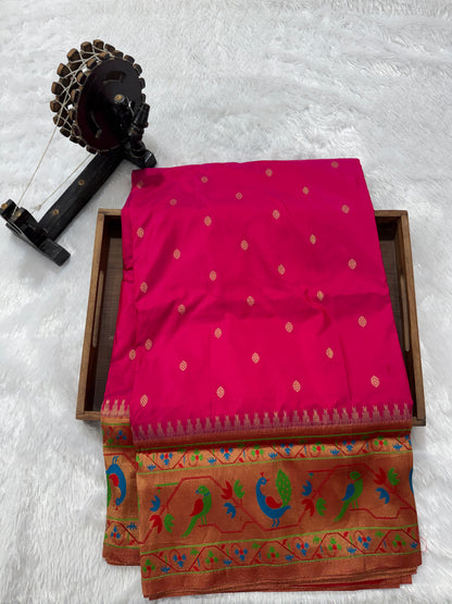 Narayanpet Silk Saree Pink Colored Complemented with a Pink Zari Border.
