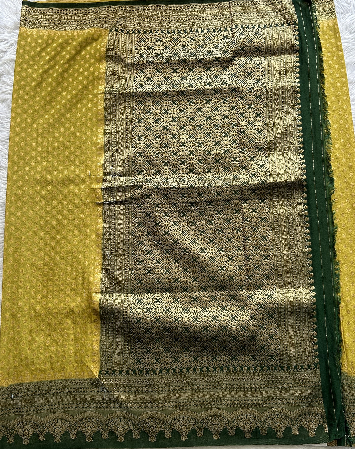 Semi Georgette Saree Lemon Green Colored Complemented with a Bottle Green Color Zari Border. - Sampradaya Designer Studio