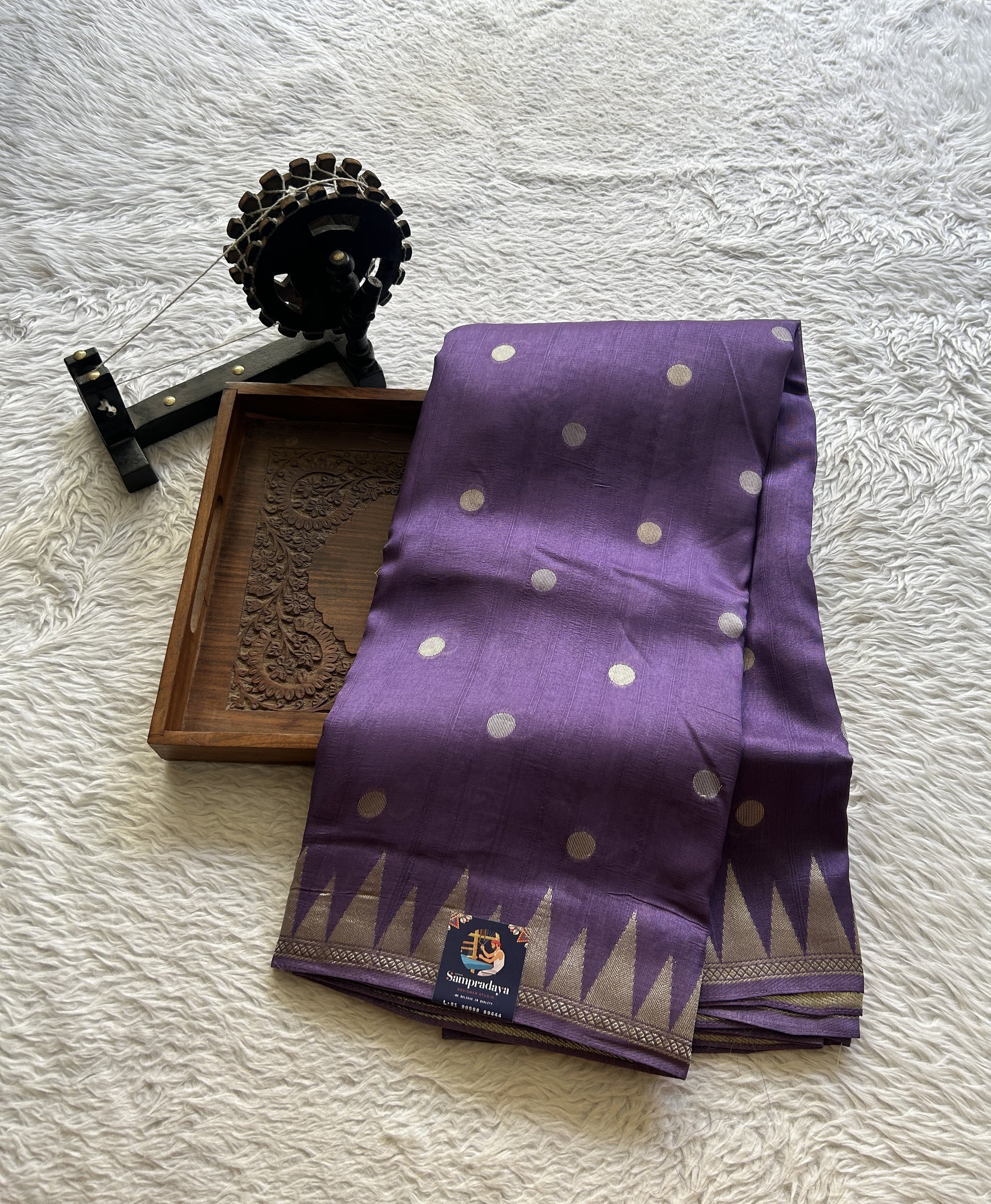 Banarasi Tussar Georgette Saree Lavender Colored Complemented with a Temple Border. - Sampradaya Designer Studio
