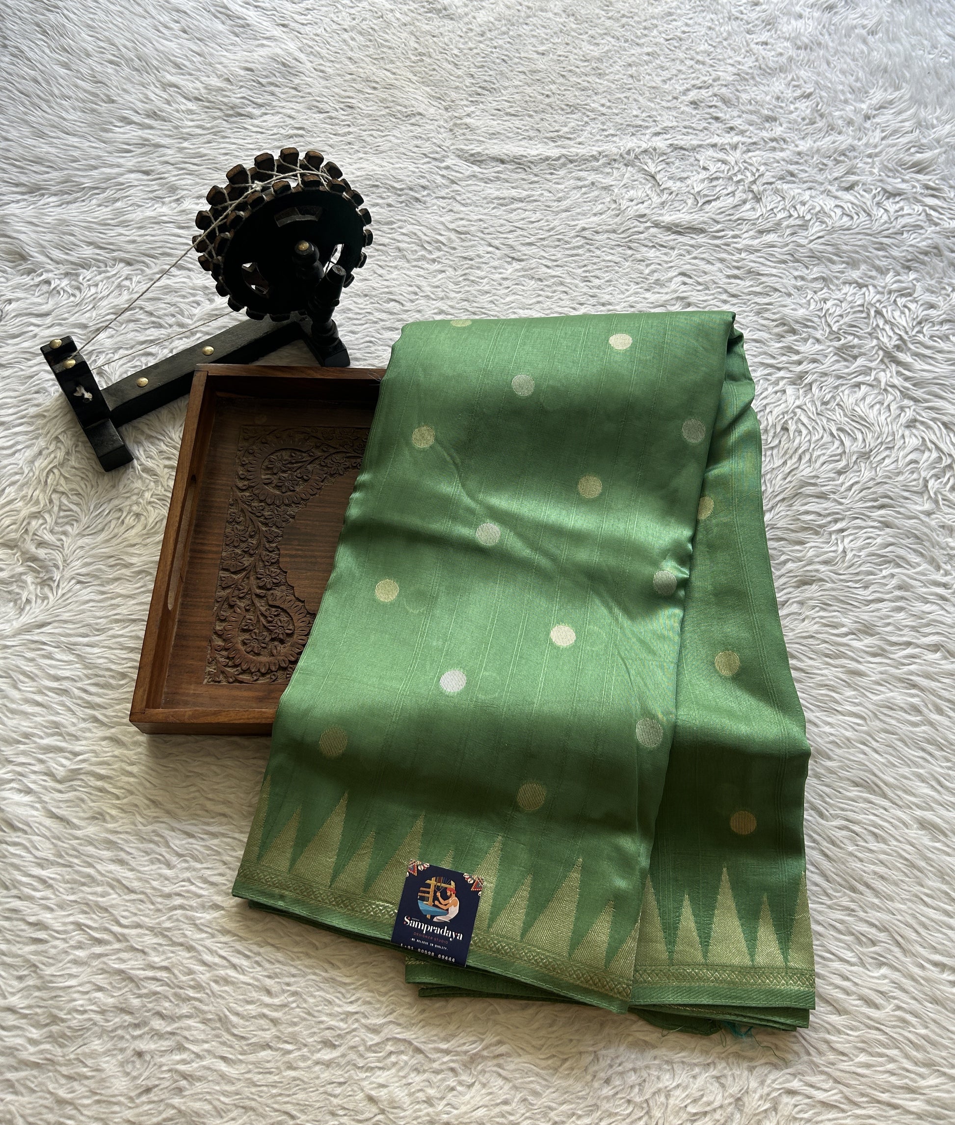 Banarasi Tussar Georgette Saree Green Colored Complemented with a Temple Border. - Sampradaya Designer Studio