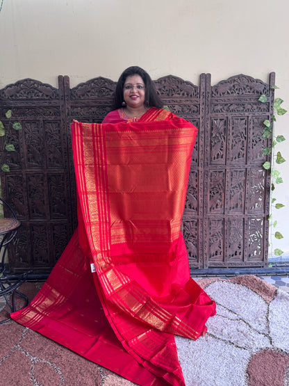 Pure Kanjivaram Silk Saree | Red With Gold Zari Border | Handloom | Silk Mark Certified