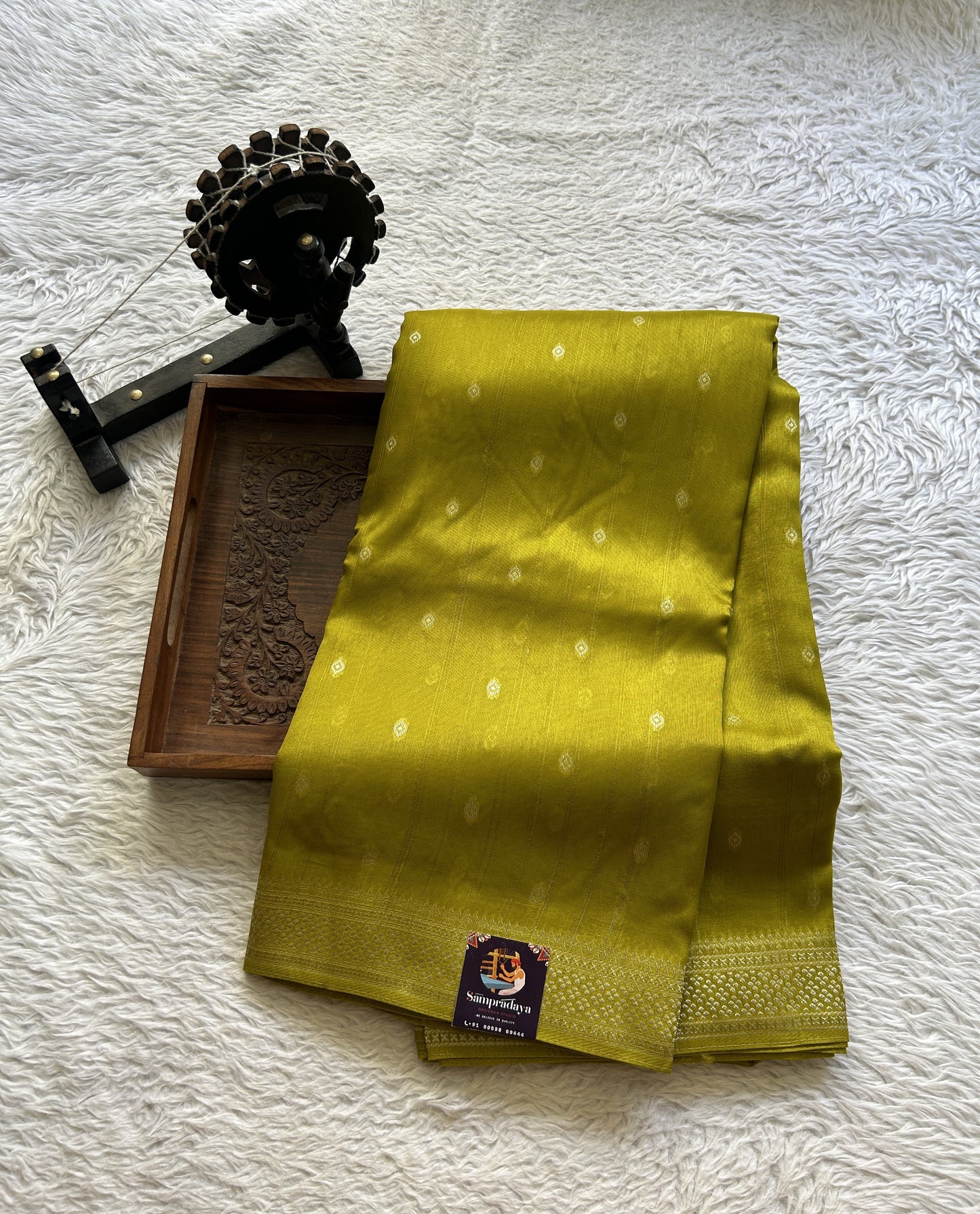 Banarasi Tussar Georgette Saree Pear Colored Paired with a Zari Border. - Sampradaya Designer Studio